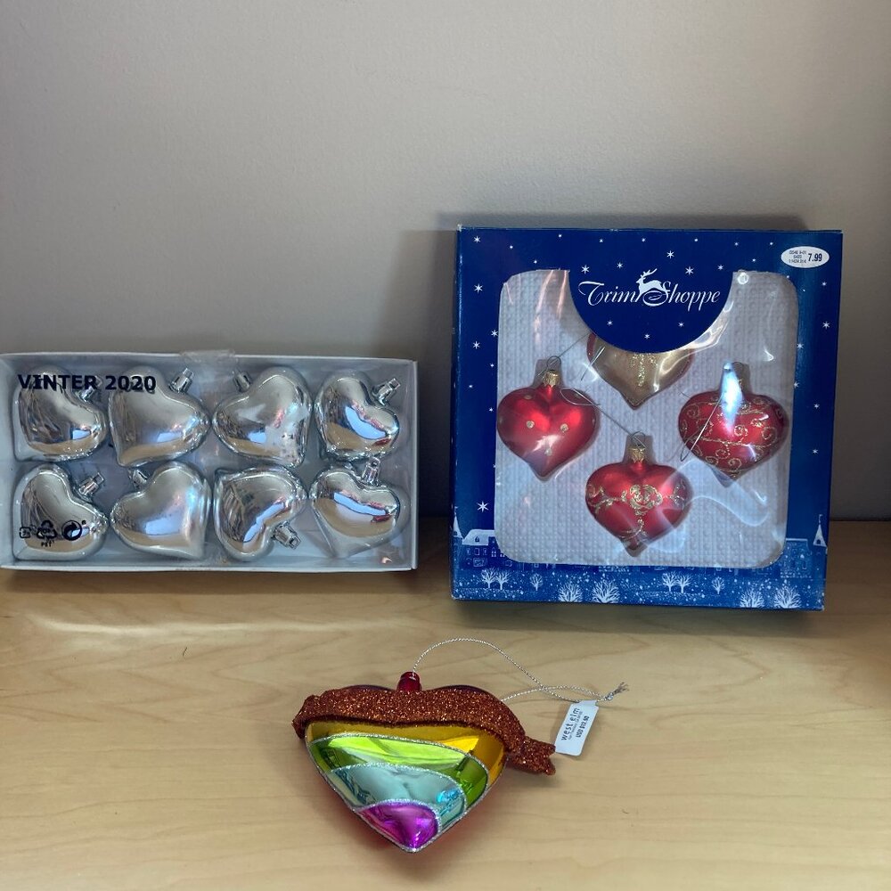 13 Hearts Christmas Tree Ornaments (West Elm, Ikea, Vintage Trim Shoppe)
